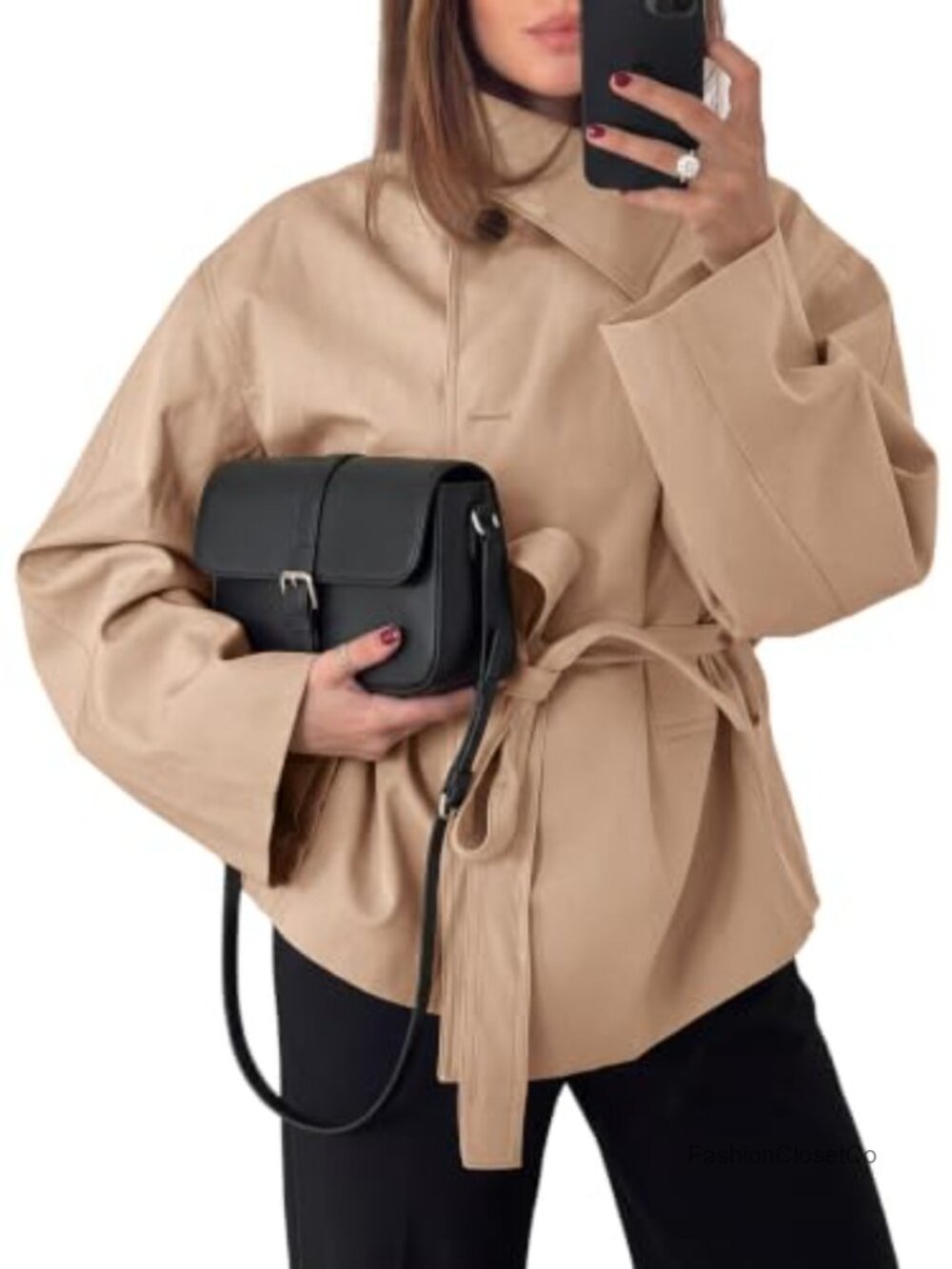 Women's Lapel Collar Self-Tie Belt Trench Coat